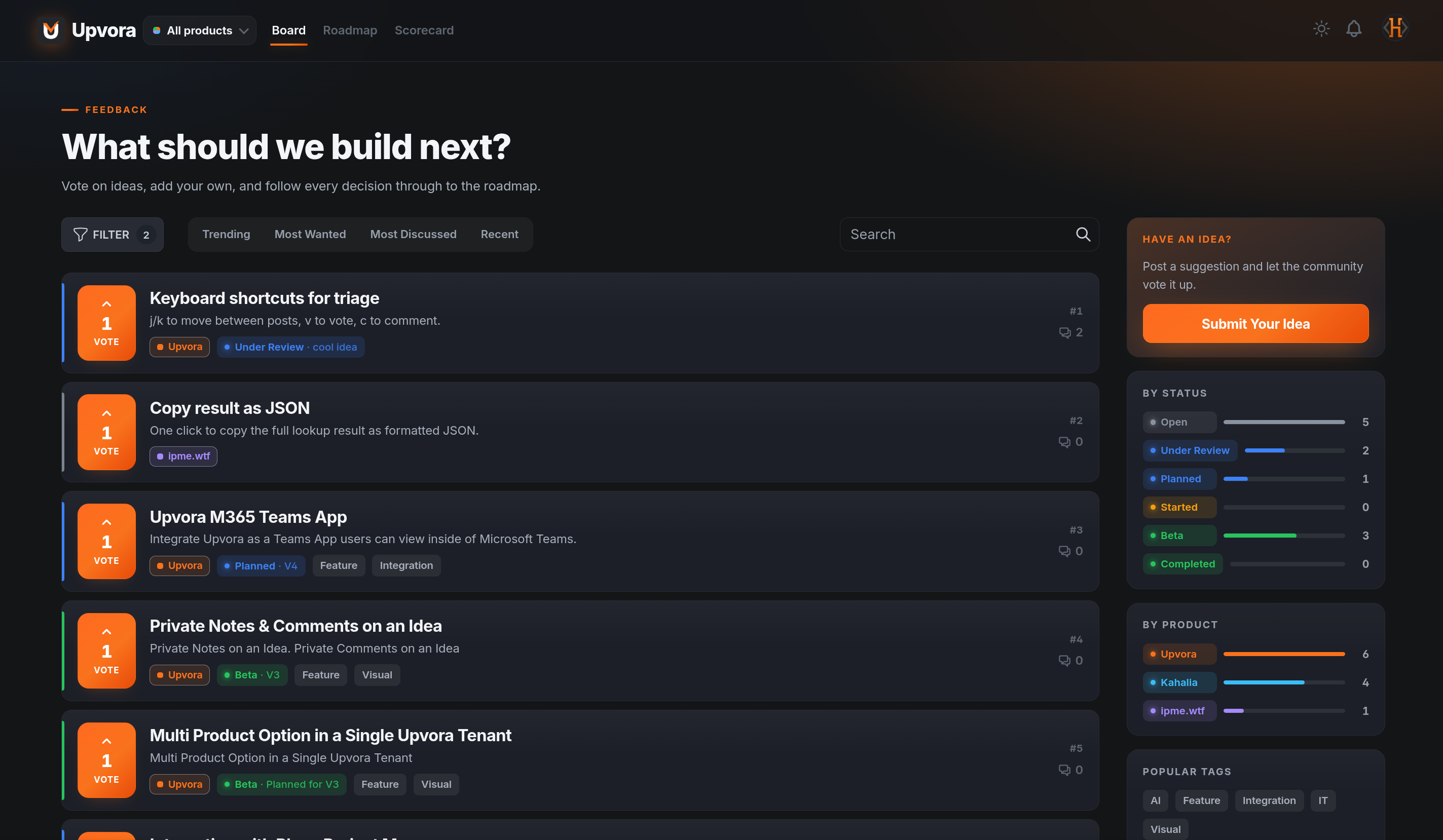 The Upvora feedback board in dark mode